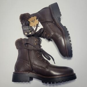 Alberto Torresi Brown Leather Combat Boots With Faux Fur Made In Italy Size 7.5